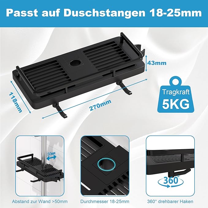 DIYGEEK Duschregal ohne Bohren für Duschstange Schwarz